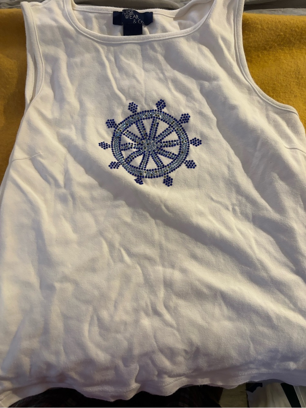 Cruise Wear White Tank Top with Blue Nautical Wheel Rhinestone Accent M